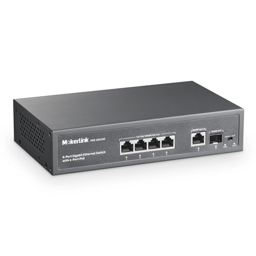 Switch PoE a 4 Porte 1 Gigabit Uplink 1 SFP 75W PoE Watchdog AI Rilevazione QoS Ethernet Plug in Metallo Senza Ventole