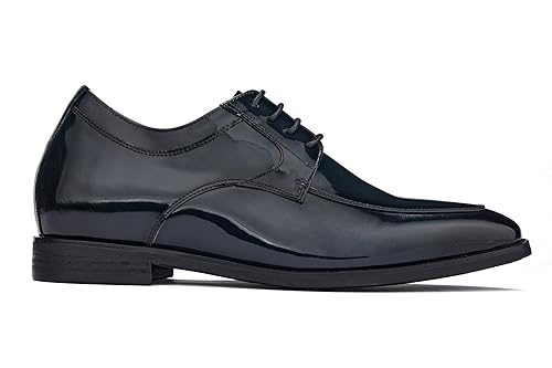 CALTO Men's Invisible Height Increasing Elevator Shoes - Midnight Blue Patent Leather Lace-up Formal Dress Oxfords - 2.8 Inches Taller - K2712 - Size 7.5 D(M) US2