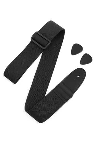 Image of BLUE PANTHER Black Guitar Strap with 2 Guitar Picks - Adjustable, Comfortable, Durable - Fits Acoustic, Electric & Bass Guitars - Universal Fit