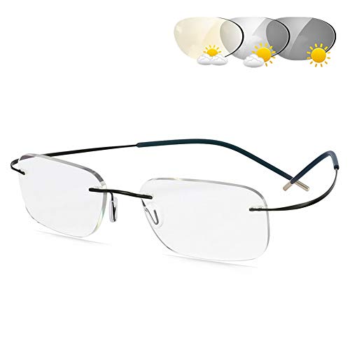 CAOXN Ultraligero Marco De Titanio Puro Fotocromáticas Gafas De Lectura, Al Aire Libre para Hombre De Sun Automática Decoloración Presbicia Hipermetropía Gafas,Negro,+ 3.00
