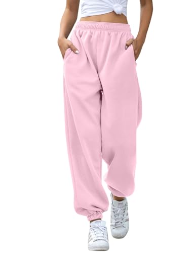 HeSaYep Women's High Waisted Sweatpants Workout Active Joggers Pants Baggy Lounge Bottoms,Pink Medium