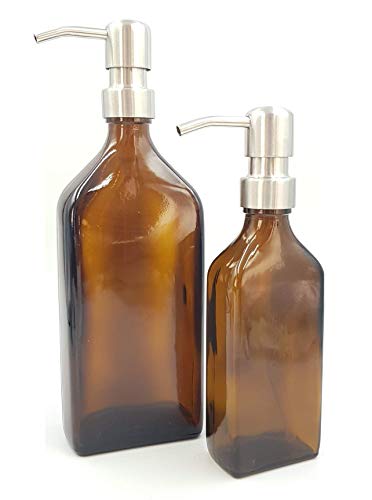 Avalon - Paquete de 2 botellas, 500 ml y 1 botella de cristal ámbar rectangular de 200 ml con dispensador de jabón plateado cepillado