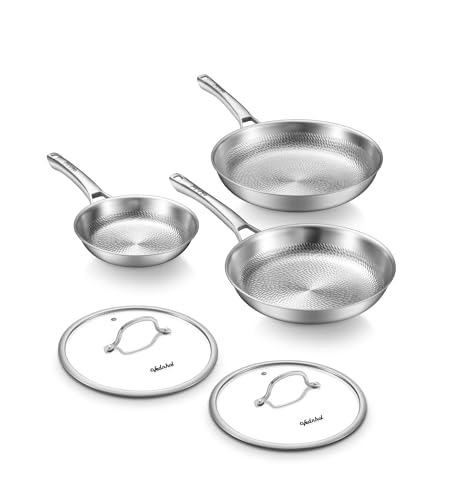 VEDNHOL Titanium Pans set, 8+10+12Inch Pure Titanium Hammered Pro with Two Lids, Non-Toxic Skillet...