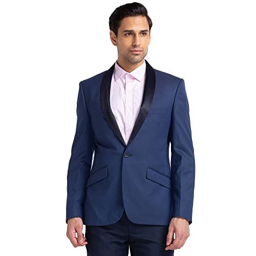 Image of Raymond Men's Contemporary Fit Polyviscose Blend Shawl Collar Na Pattern Full Sleeve Dark Blue Ceremonial Suit