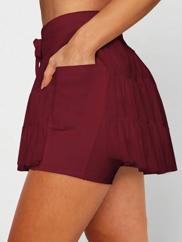 EARKOHA 2025 Skirts for Women High Waist Tie Pleated Solid Color Mini Skirt with Pockets Wine Red L4