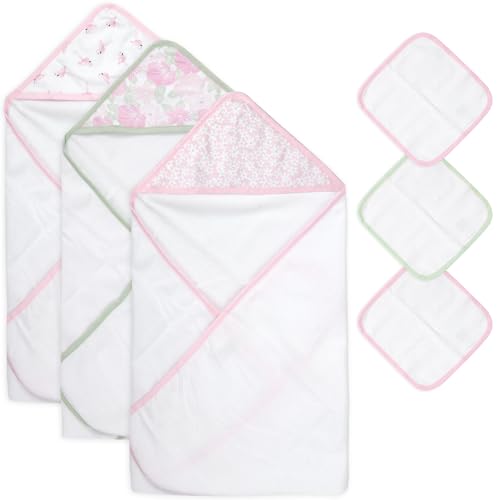 Image of Jessica Simpson Baby 6-Piece Hooded Towel & Washcloth Set - Soft Polyester Baby Bath Towels - Butterfly & Lavender Floral Prints (Green Floral & Flamingo)