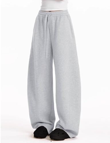 Womens Barrel Sweatpants Fleece Lined Wide Leg Sweat Pants Cotton Elastic Waisted Trousers with Pockets3