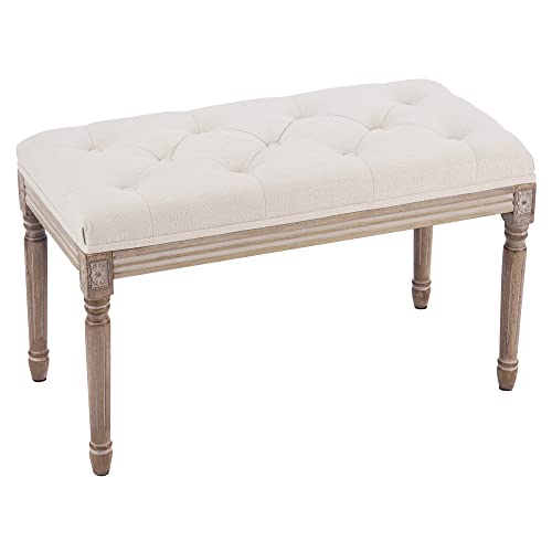 VONLUCE French Vintage Bench with Padded Seat and Rubberwood Legs, Upholstered Entryway Bench Shoe Bench and Dining Bench, Tufted Fabric End of Bed Bench for Bedroom Living Room Hallway More, Beige