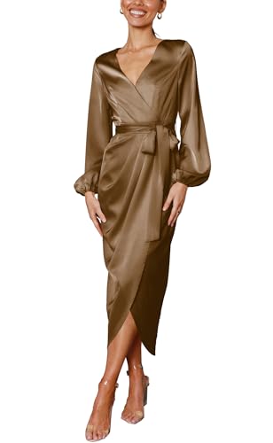 Cosonsen Women's Long Sleeve V-Neck Tie Waist Split Formal Cocktail Wedding Guest Dresses
