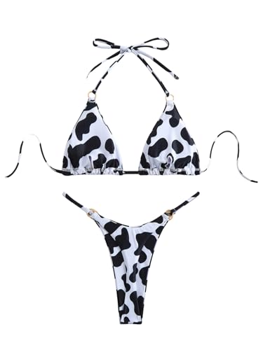 WDIRARA Womens 2 Pieces Cow Print Bikini Set Halter Swimsuit High Cut Bathing Suit Black and White Medium