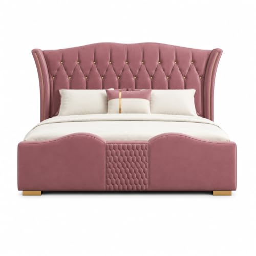 Image of Upholstered Queen Size Bed with Box Storage for Bedroom | Wooden Double Bed with Wooden Ply with Storage | Platform Cot Palang with Headboard | 6.5 x 5 Ft | Sheesham Wood | Onion Pink