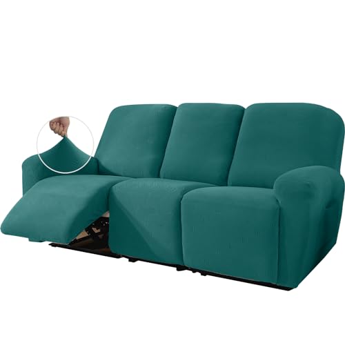 JIVINER Recliner Couch Cover, Jacquard 5 Piece Stretch Sofa Covers for 3 Cushion Reclining Lazy Boy Soft Washable Sofa Slipcovers Protector with Pockets (Recliner Sofa, Teal)
