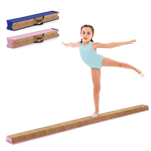 COSTWAY 240cm Schwebebalken Kinder, Balancierbalken klappbar, Gymnastikbalken mit Tragegriff & Wildlederbezug, Gymnastik Balance Balken für Zuhause (Rosa)