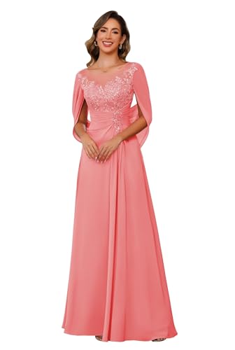 Image of RSOETOO Lace Appliques Mother of The Bride Dress for Women Long Chiffon Cape Sleeve Lace Mother Groom Dresses RON019