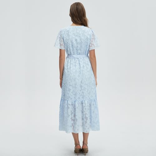 Image of Women's Summer Bohemian Floral Chiffon Dress Cap Sleeve V Neck Ruffle Long Flowy Boho Casual Vacation Dresses