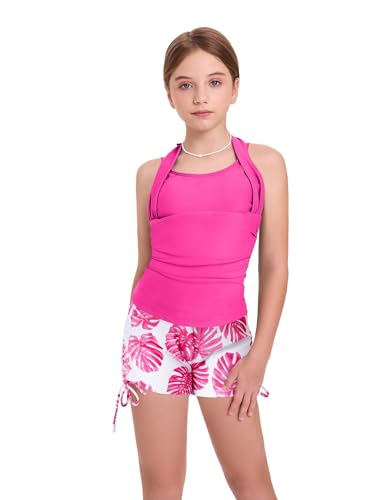 Image of Size 7-16 Years Girls Slim Fit Swimsuit 2 Piece Halterneck Tankini Swimsuit Drawstring Printed Swim Shorts