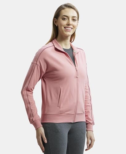 Image of Jockey A111 Women Super Combed Cotton French Terry Drop Shoulder Styled Jacket with Ribbed Cuff and Hem
