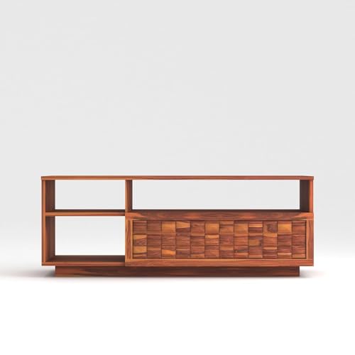Image of Solid Sheesham Wood TV Unit for Living Room 55 Inch Furniture - Wooden TV Unit with Storage Cabinet with Drawer, 3 Shelves Wooden TV Cabinet - Accommodates up to 55-Inch TV (Thomas, Honey)