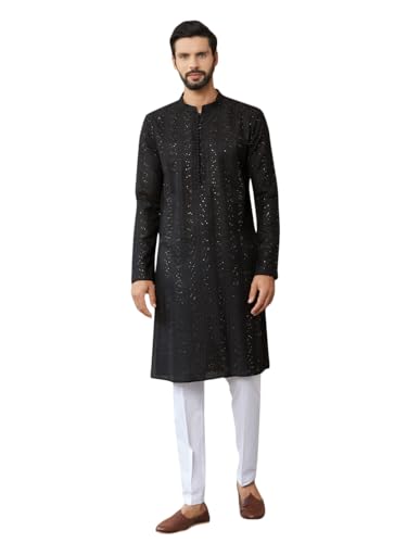 Image of See Designs Men's Long Sleeve Mandarin Collar Side Slit Embroidered Thread Work Sequinned Chanderi Silk Straight Kurta with Pyjama