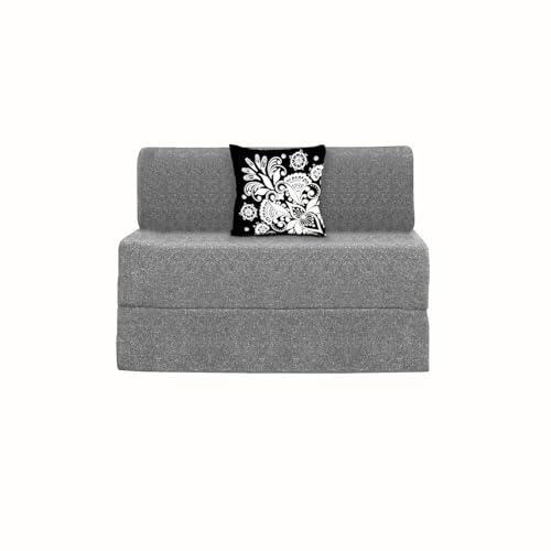 Image of Rosebell 1-Seater Sofa Cum Bed with One Printed Cushion - Space-Saving Convertible Sofa for Living Room & Office, Guest Room - Grey Color