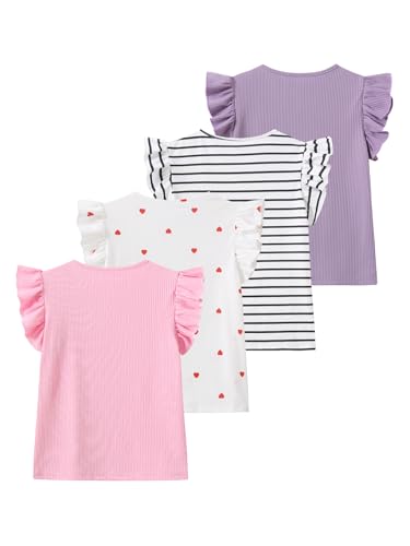 Image of Girls 4 Packs Tees Ruffle Short Sleeve T-Shirt Ribbed Knit Casual Summer Tunic Tops 4-12 Years