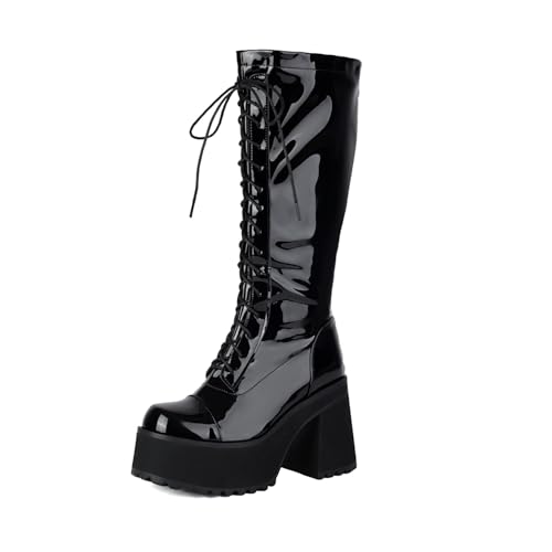 UniqueStride Womens Chunky Platform Knee High Boots High Heel Patent Leather Lace Up Round Toe Goth Boots