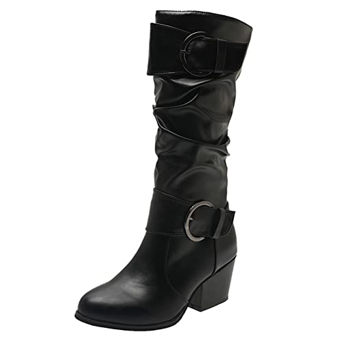 Bottes Moyennes Mollet à Bout Rond et Talon Carré en Simili Cuir Noir