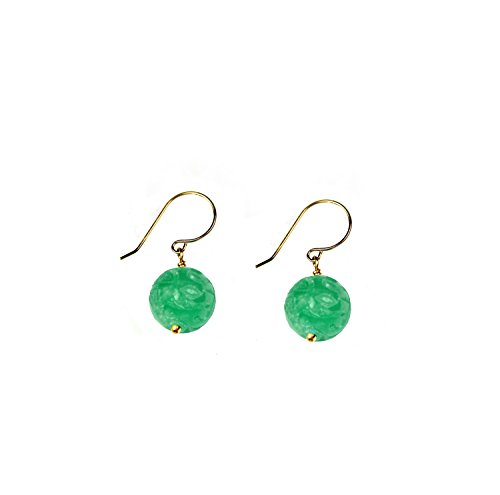 14k Yellow Gold Natural Jadeite Green Carved Hook Earrings