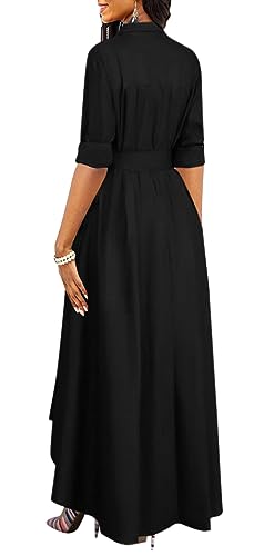 Women's Button Down T-Shirt Dress Casual High Low V Neck Loose Long Dress with Belts2