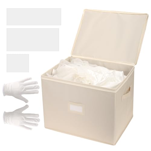 Dawutian Wedding Dress Storage Box with 1 Pair of Microfiber Gloves and 20 Sheets of Acid-Free Paper, Wedding Dress Preservation Box for Heirlooms, Gowns Bride Musthaves(Beige)