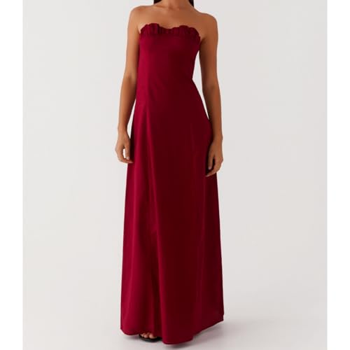 Image of Women Tube Top Maxi Dress 2025 Elegant Sleeveless Strapless Ruched Flowy Summer Long Wedding Party Cocktail Dresses