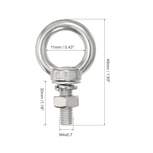 Image of uxcell M4*30 3 /16 inchx1.18 inch Stainless Steel Eye Bolts Threaded Screw Eyebolt Shoulder Ring with Nuts Washers for Lifting Hanging, 6 Set