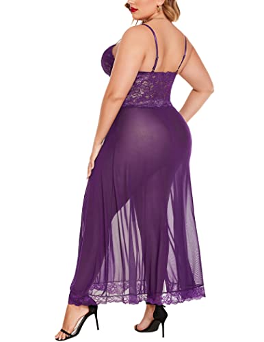 Image of Avidlove Plus Size Lingerie for Curvy Women Long Lace Babydoll Nightdress | V neck sheer mesh nightgown,g-string included,high side slits,adjustable straps,curve-flattering fit,maternity photoshoot