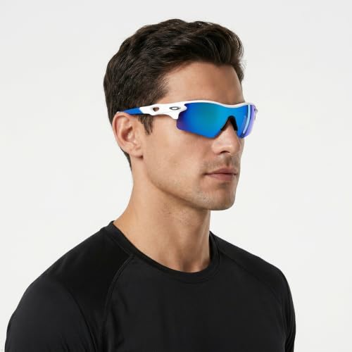 Image of Cycling Goggles for Men & Women | Sports Goggles UV400 Protection | Oversized Sports Sunglasses for Cricket, Running, Driving, Fishing, Hiking & Outdoor Activities (White : Blue stick)
