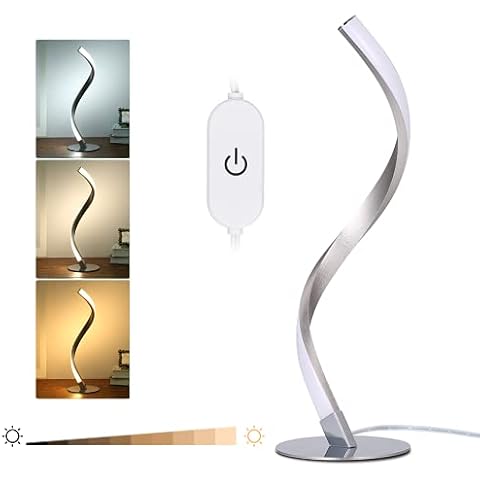 Tom-shine Touch Control Bedside Table Lamp Dimmable Modern Sliver Spiral Nightstand Curved Desk Lamp for Bedroom Living Room Lounge Room Guest, Silver Cover