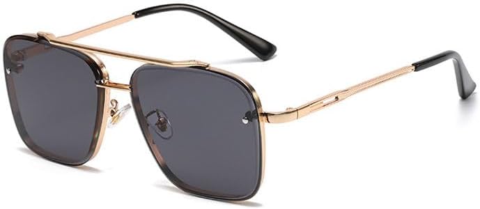 Oversized Square Sunglasses, Gold Metal Frame, Grey Tinted Lens, Double Bridge, Unisex