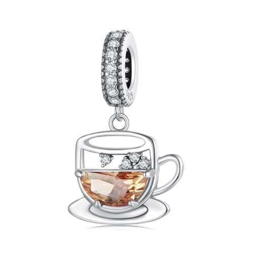 Kerraom Charm Plata 925 Colgante Taza de Café con Circonita - Charms para Pulseras Collares - Regalo Joyas para Mujeres, Novia, Amigas en Cumpleaños, Navidad