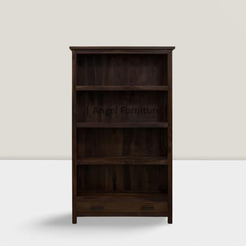Image of ANGEL FURNITURE Solid Sheesham Wood Bookshelf with Drawer | Large Full-Size Storage Rack | Walnut Finish, Semi-Gloss | 100x40x175 CM