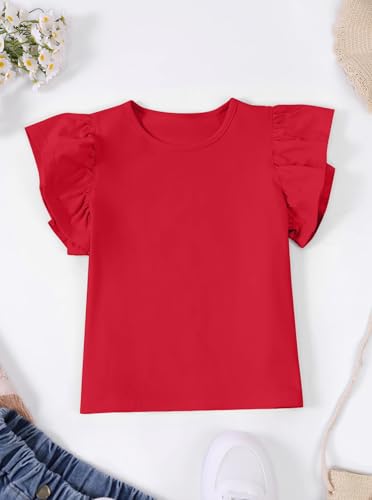 Image of Girls Striped Shirt Flutter Sleeve Top Crewneck Cute Summer T Shirts Casual Tees Red 9-10Y