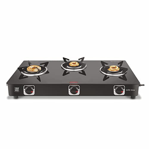 Vidiem Edge Shine Glass 3 Burner Gas Stove (Black, Manual Ignition)