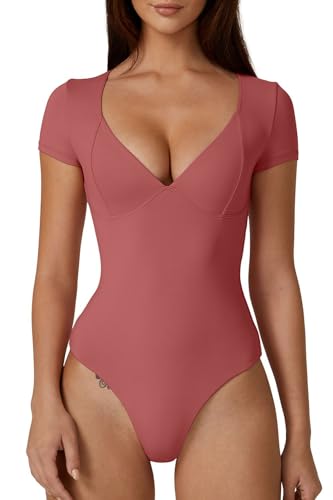 Image of QINSEN Women's V Neck Bodysuit Short Sleeve Body Suits Seamed Cup Going Out Tops Shirt