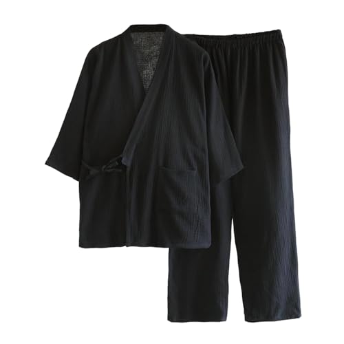 2 Piece Men's Japanese Kimono Pajamas Set, Cotton Loose Casual Loungewear Pjs Long Sleeve Shirts Tops and Pants
