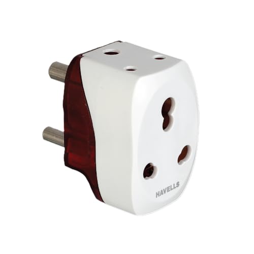 Image of Havells 6A /16A, 240V AC 3 Pin Nickel Plated Brass Adaptor for Regular Use,Flame Retardant, UV Stabilized for Safety Assurance During Fire Catching, Photo Degradation and Physical Destruction., White