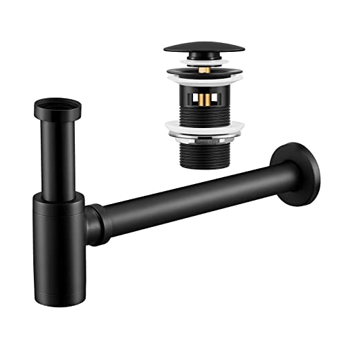Siphon Waschbecken mit Ablaufgarnitur, Universal Edelstahl Pop up Ventil mit Überlauf, Schwarzer Röhrensiphon inkl. Gummimanschette für Wandanschluss, Geruchsverschluss, Abflussgarnitur, Schwarz matt Cover