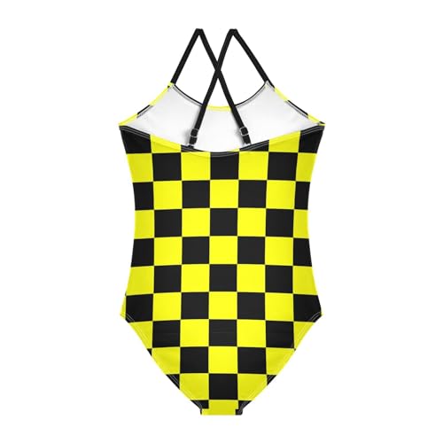 Image of Black and White Chess Girls One Piece Swimsuits Board Marble Tile Sport Halter Swimwear Beach Bathing Suit 3T