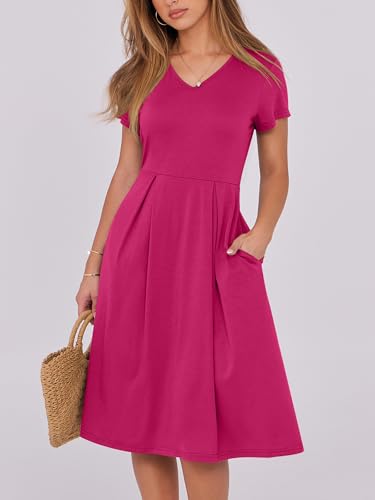 Image of ANRABESS Women Summer Dress Casual Short Sleeve V Neck A-Line Knee Length Pleated Flowy 2026 Fashion Midi Dresses with Pocket