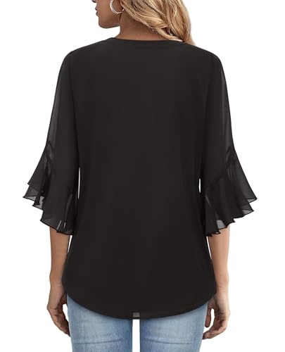 Womens 3/4 Sleeve Tops Dressy Casual Work Office Blouses Chiffon Business Casual Shirts3