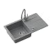 Produktbild VBChome Spüle 77 x 44 cm Grau Granit Einzelbecken Einbauspüle Abtroffläche gesprenkelt reversibel Verbundspüle + Siphon Spülmittelspender Armatur