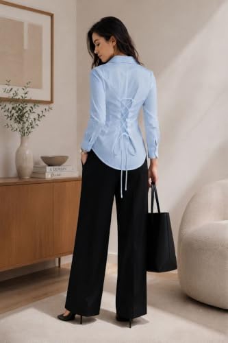 Image of OOMPH! Women's Cotton Solid Corset Style Shirt | Back Lace-Up Tie-Up Cinched Waist | Full Sleeve Button-Down Formal Office & Smart Casual Shirt