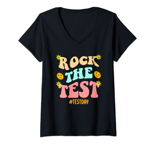 Womens Groovy Retro Rock The Test Funny Student Testing Day Teacher V-Neck T-Shirt